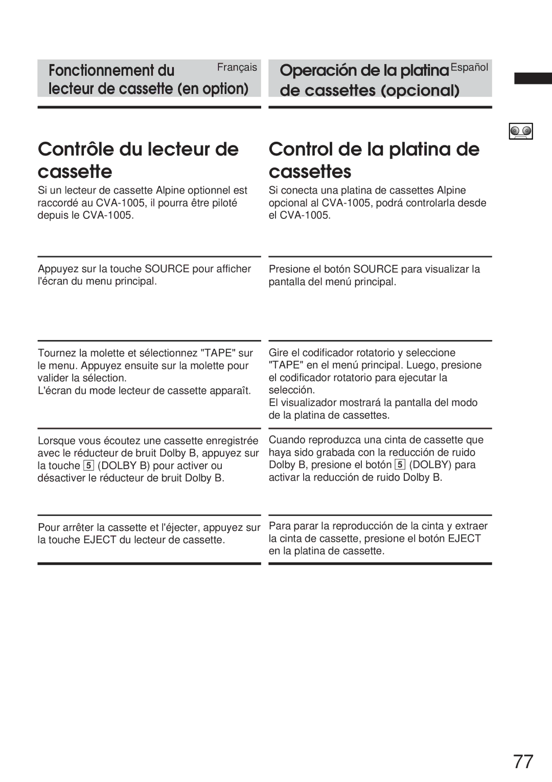 Alpine 68P21523Y62-B owner manual Contrôle du lecteur de cassette, Control de la platina de cassettes 