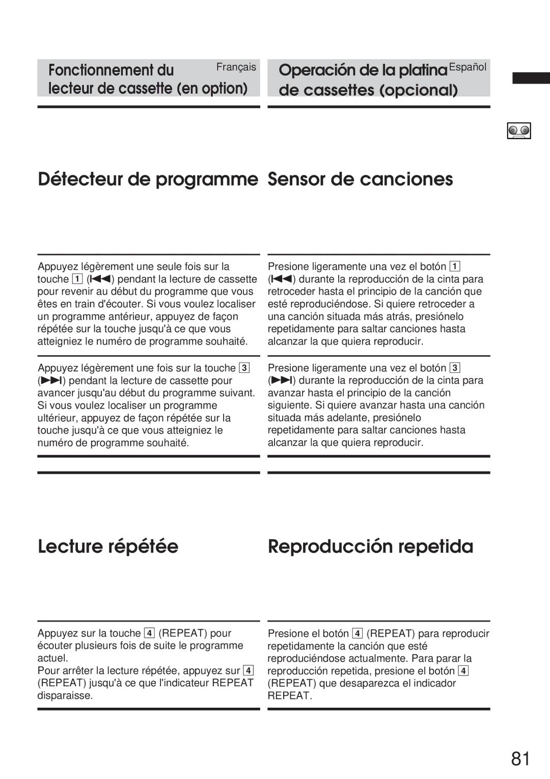 Alpine 68P21523Y62-B owner manual Détecteur de programme Sensor de canciones, Lecture répétée Reproducción repetida 