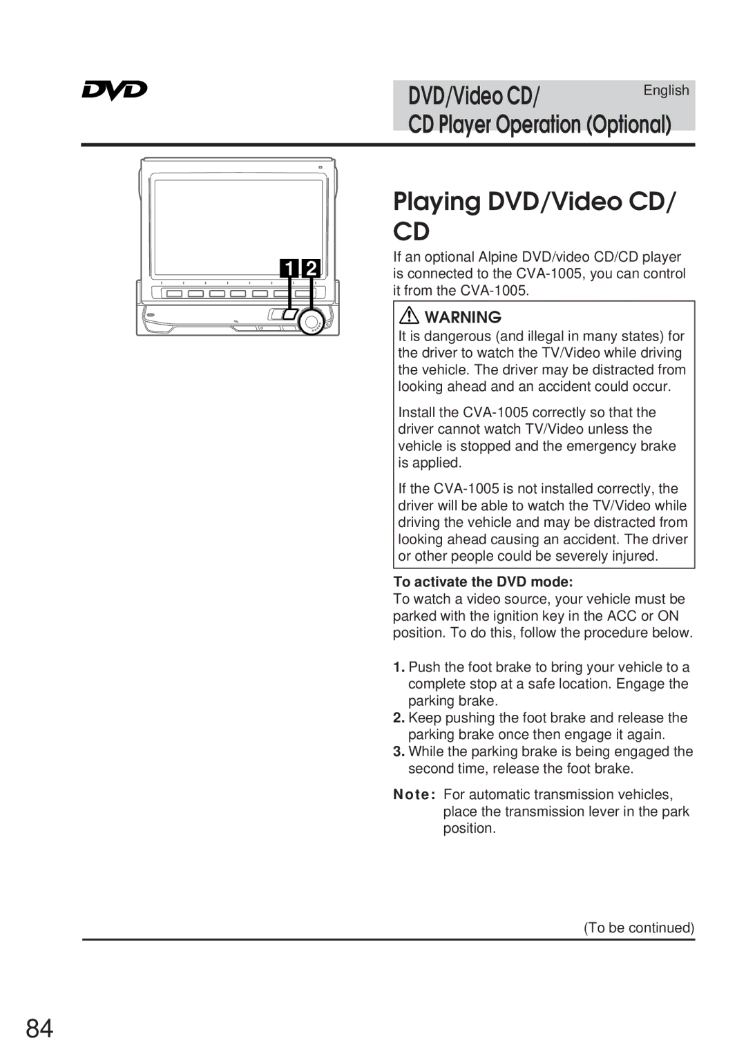 Alpine 68P21523Y62-B owner manual Playing DVD/Video CD, To activate the DVD mode 