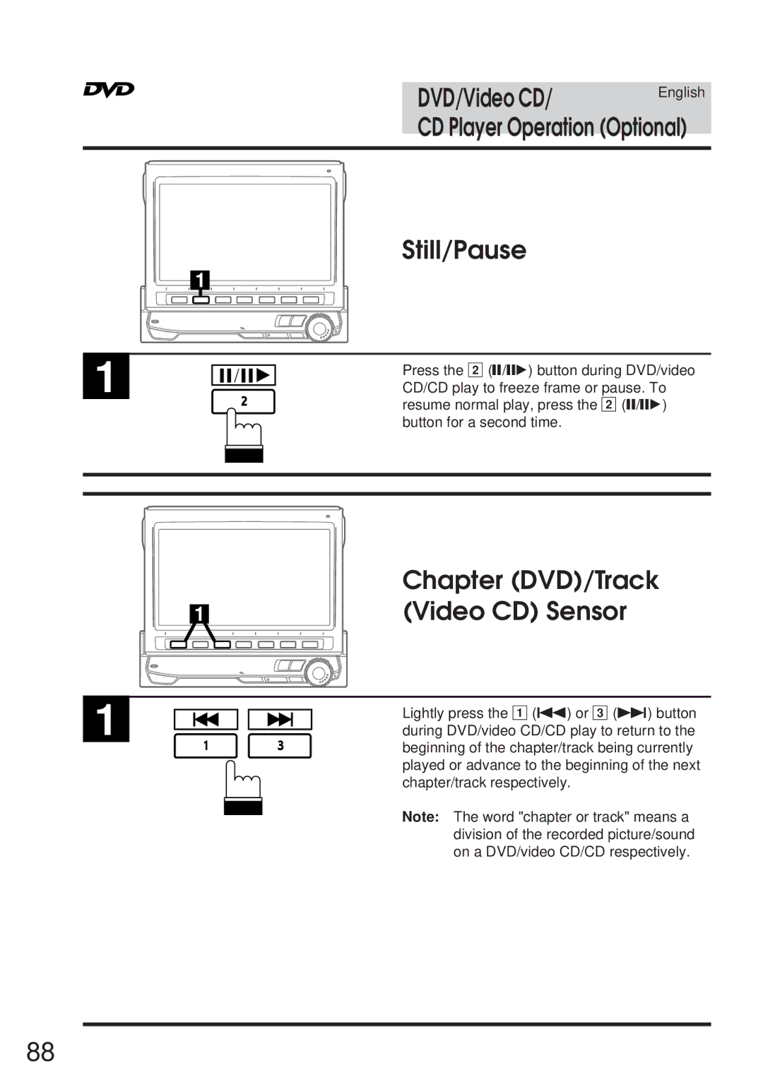 Alpine 68P21523Y62-B owner manual Still/Pause, Chapter DVD/Track Video CD Sensor 