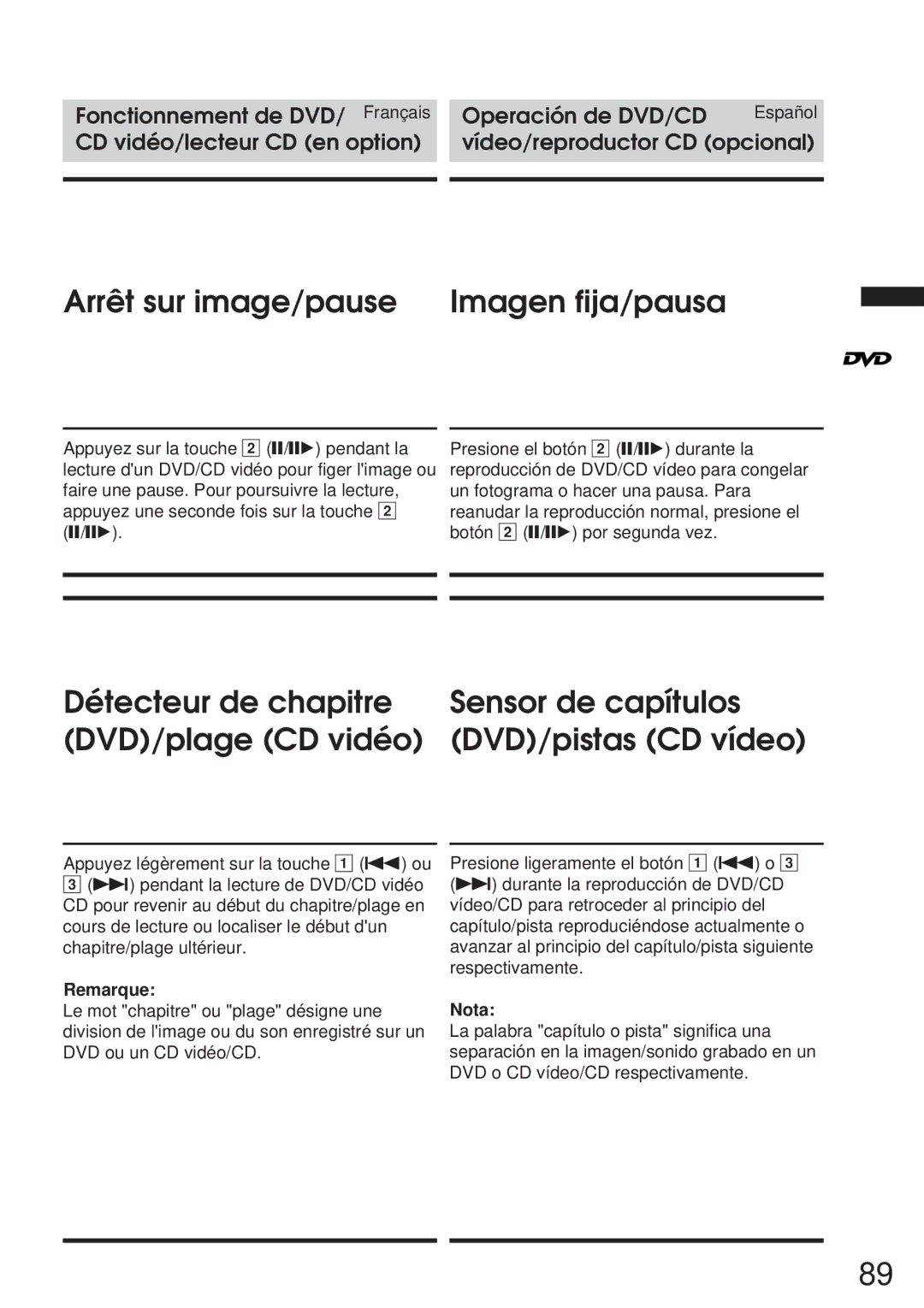 Alpine 68P21523Y62-B owner manual Arrêt sur image/pause Imagen fija/pausa, Remarque, Nota 