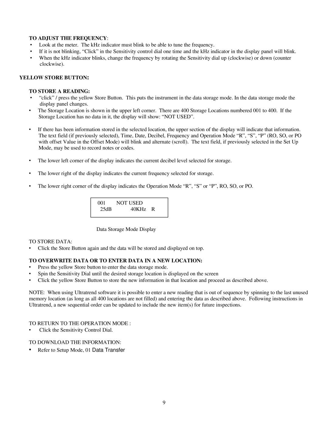 Alpine 9000 instruction manual To Adjust the Frequency, Yellow Store Button To Store a Reading 