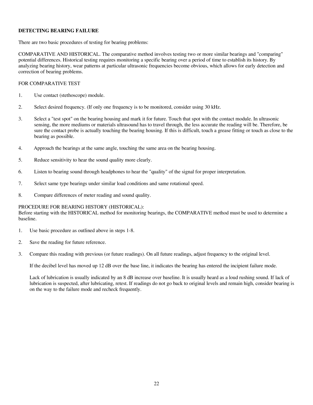 Alpine 9000 instruction manual Detecting Bearing Failure, For Comparative Test, Procedure for Bearing History Historical 