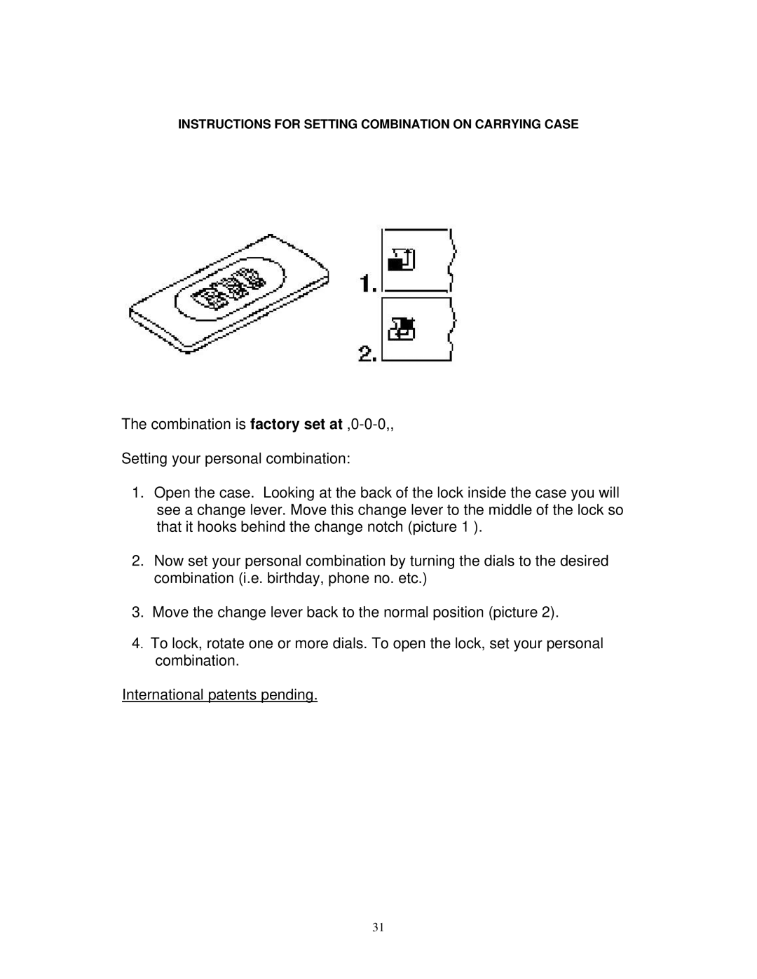 Alpine 9000 instruction manual Instructions for Setting Combination on Carrying Case 