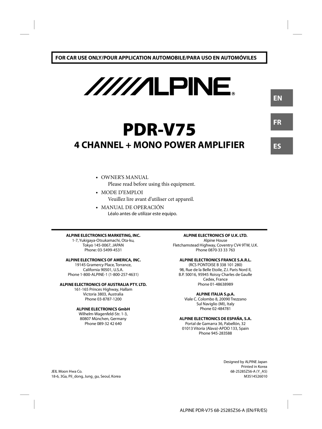 Alpine alpine owner manual Léalo antes de utilizar este equipo, Alpine PDR-V75 68-25285Z56-A EN/FR/ES 