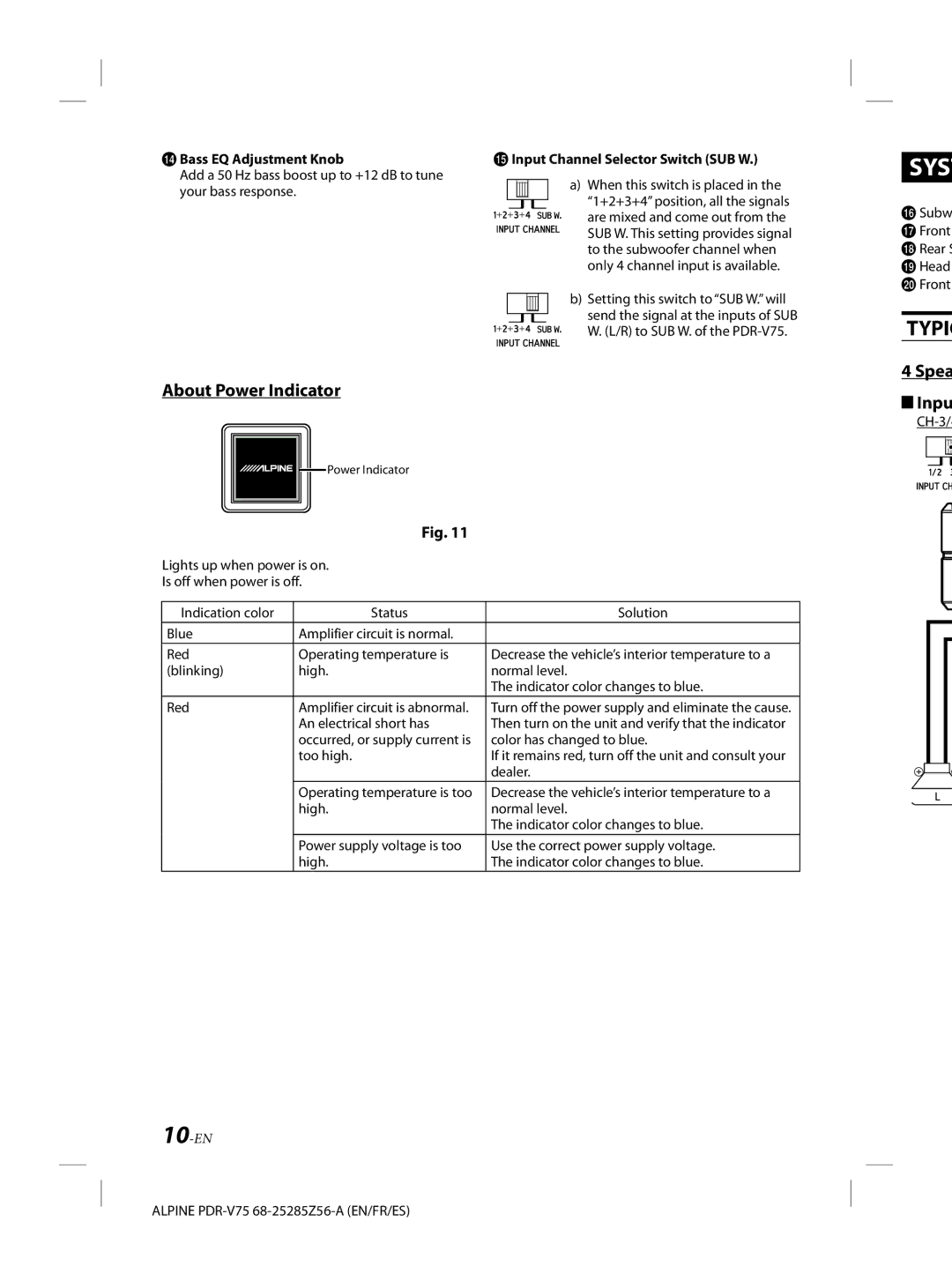 Alpine alpine owner manual Bass EQ Adjustment Knob, Input Channel Selector Switch SUB W, Spea 