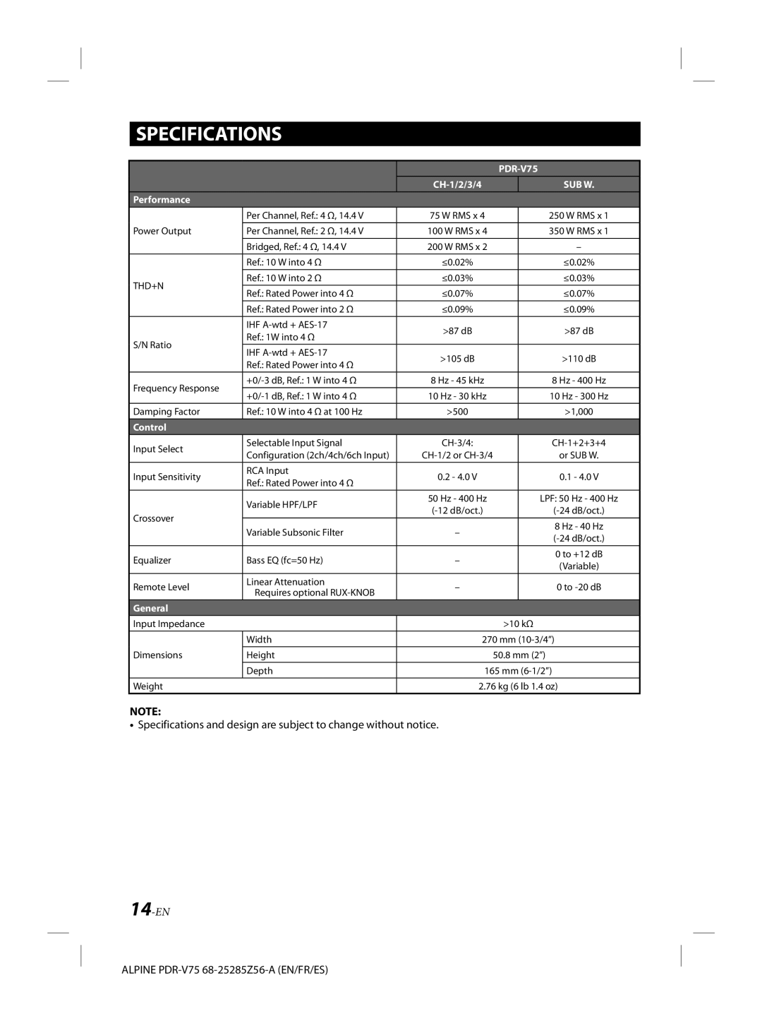 Alpine alpine owner manual Specifications, Sub W 