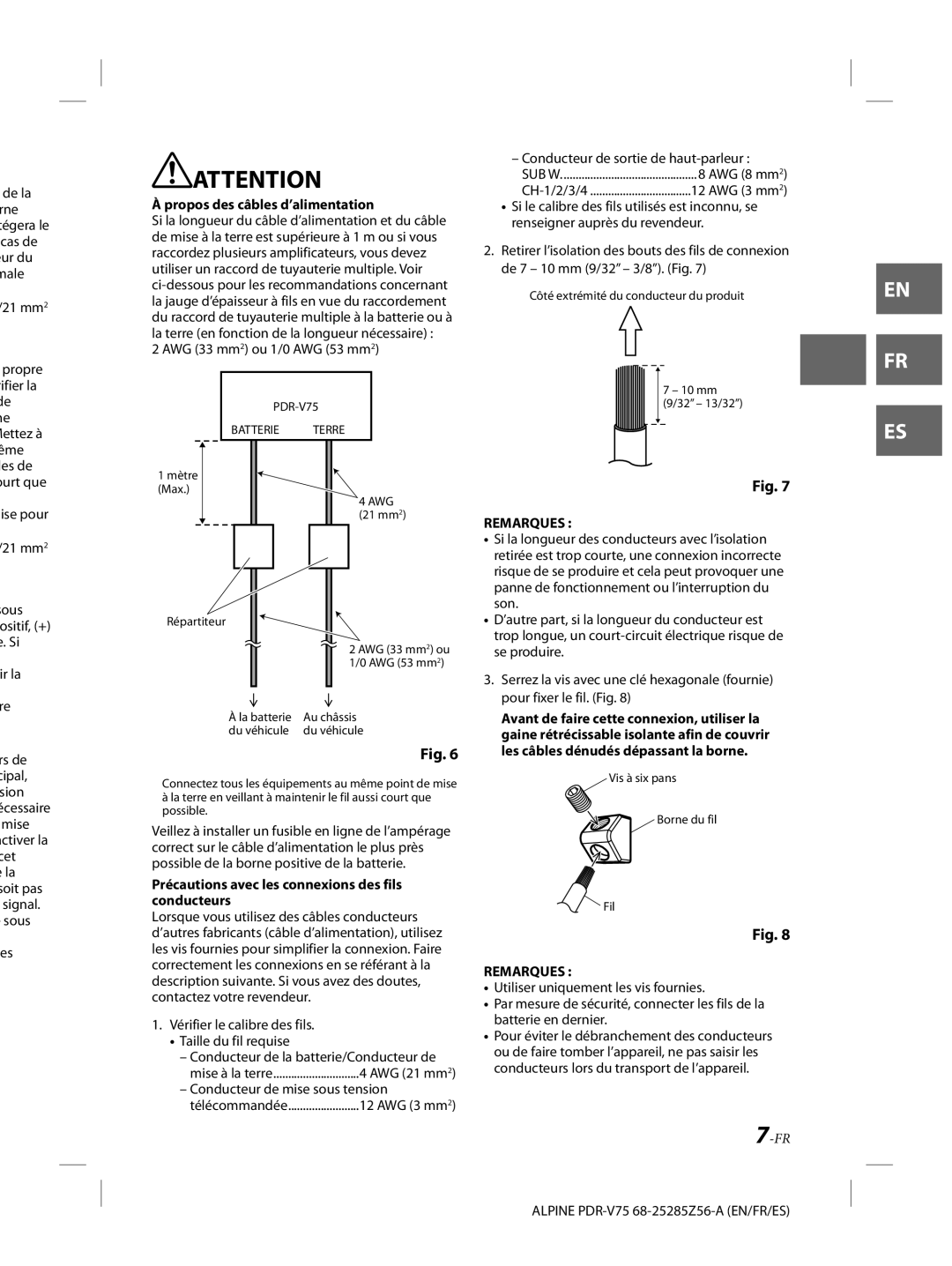 Alpine alpine Propos des câbles d’alimentation, Précautions avec les connexions des fils conducteurs, Remarques 