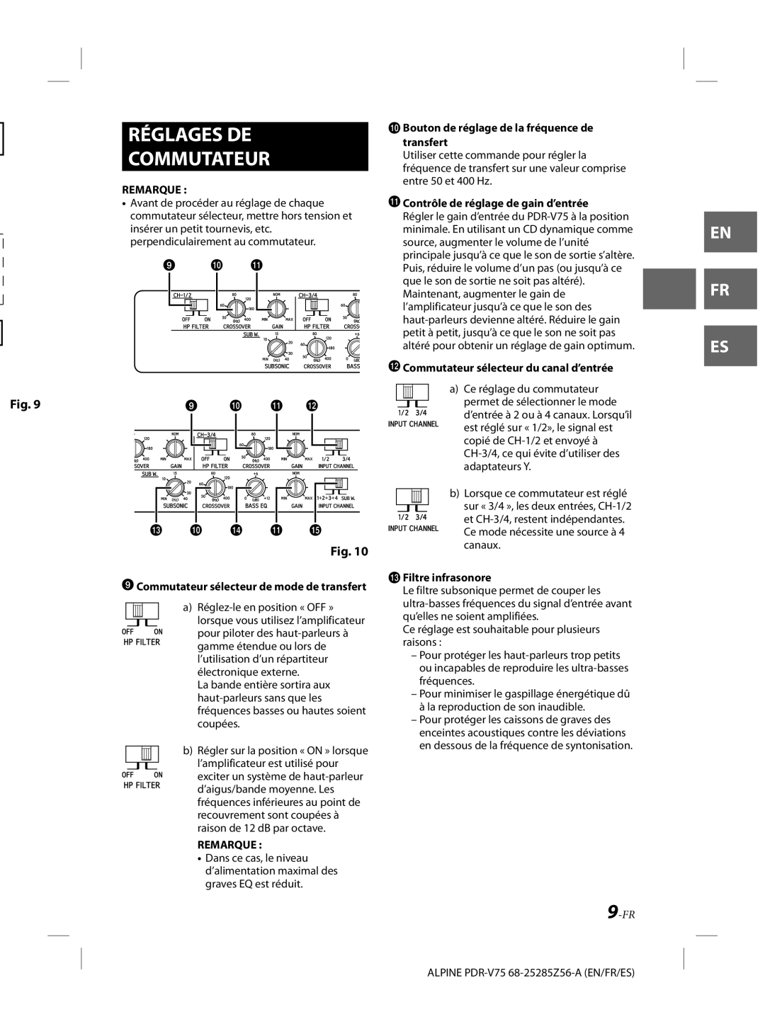 Alpine alpine owner manual Réglages DE Commutateur, Bouton de réglage de la fréquence de transfert, Filtre infrasonore 