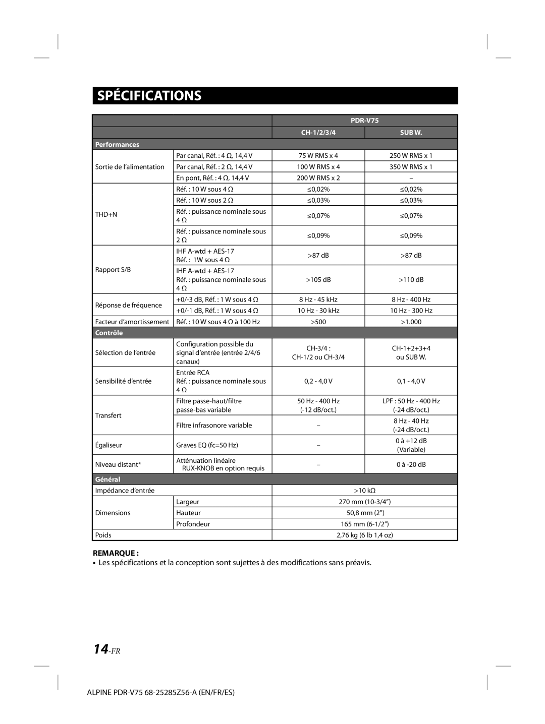 Alpine alpine owner manual Spécifications, Performances 