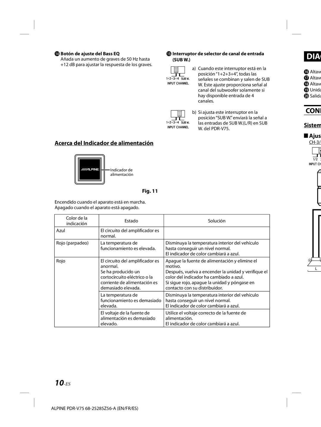 Alpine alpine owner manual Botón de ajuste del Bass EQ, Interruptor de selector de canal de entrada SUB W 