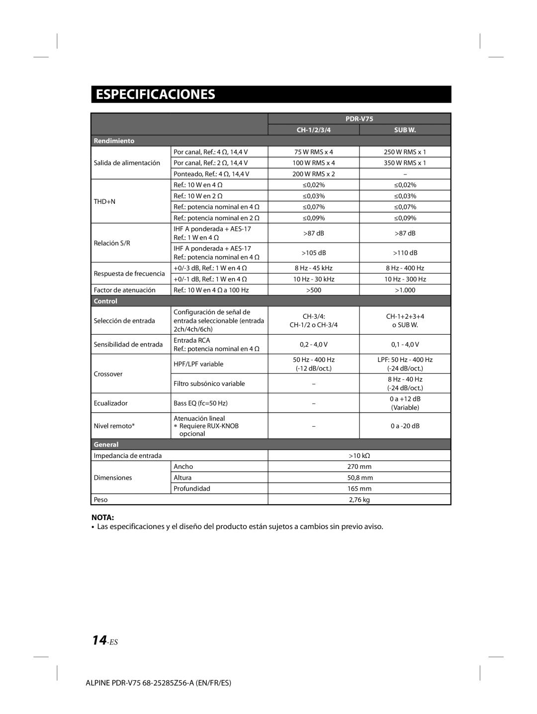 Alpine alpine owner manual Especificaciones, Rendimiento 