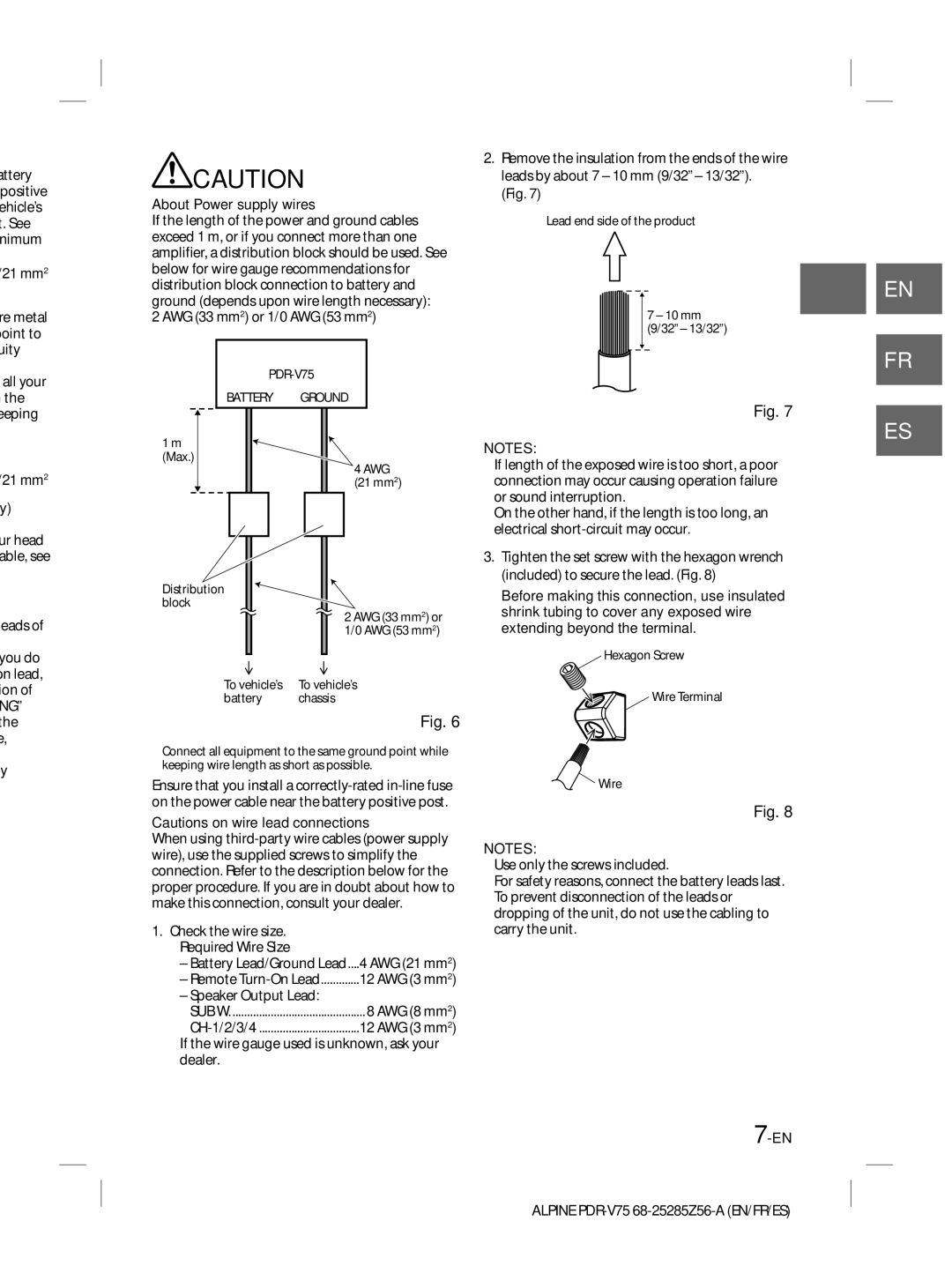 Alpine alpine owner manual About Power supply wires, Extending beyond the terminal 