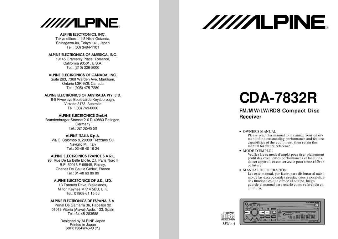 Alpine CDA-7832R owner manual 