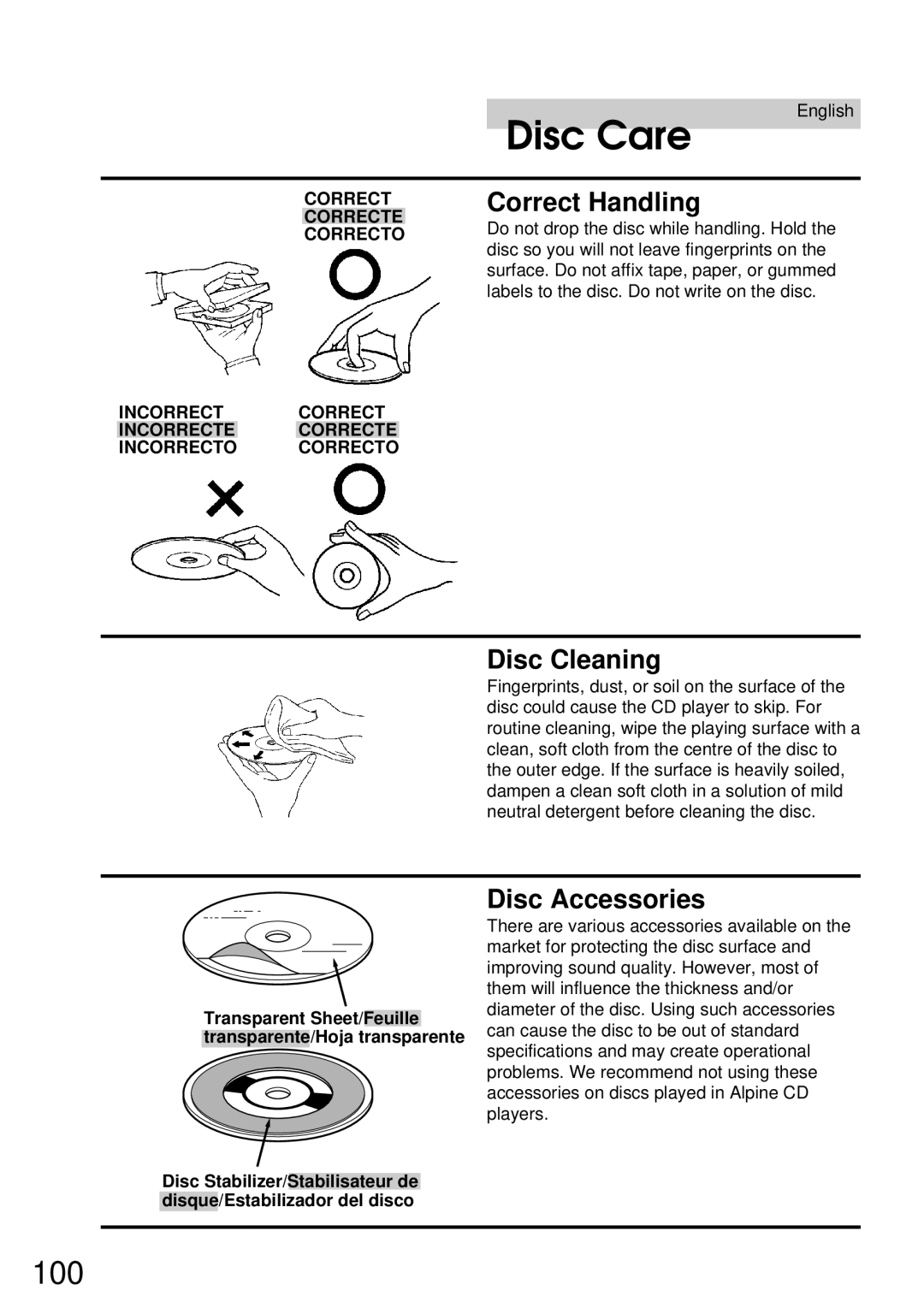 Alpine CDA-7832R owner manual Disc Care, Correct Handling, Disc Cleaning, Disc Accessories 