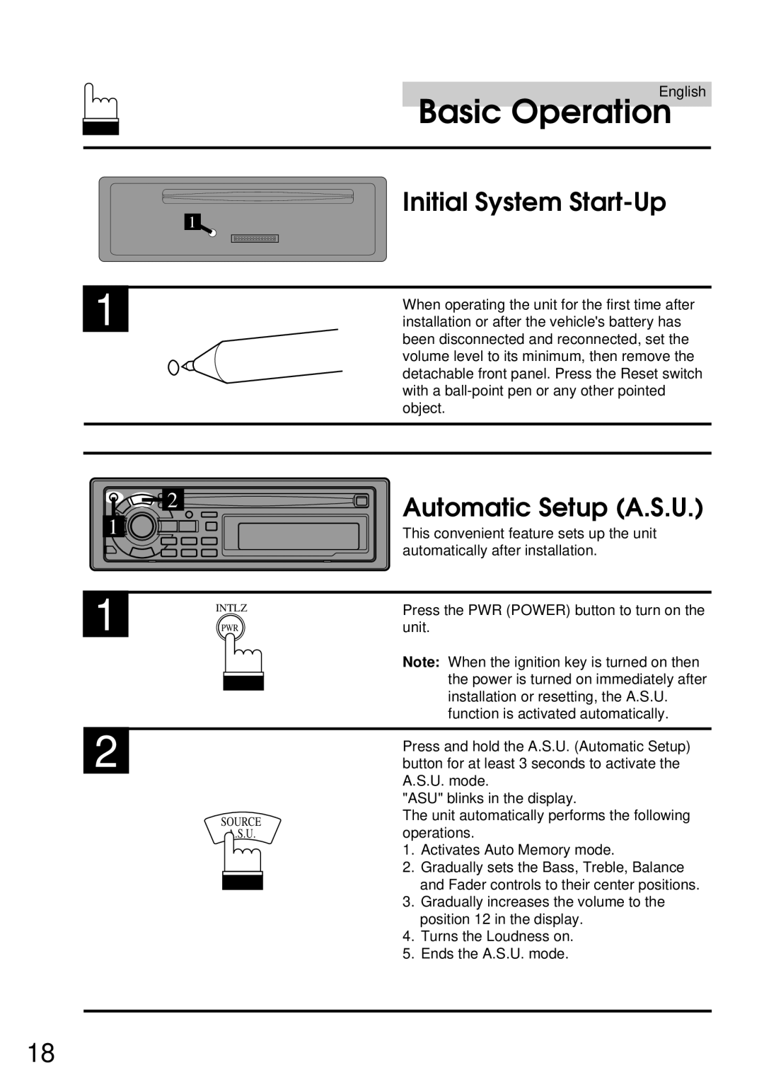 Alpine CDA-7832R owner manual Basic Operation, Initial System Start-Up, Automatic Setup A.S.U 