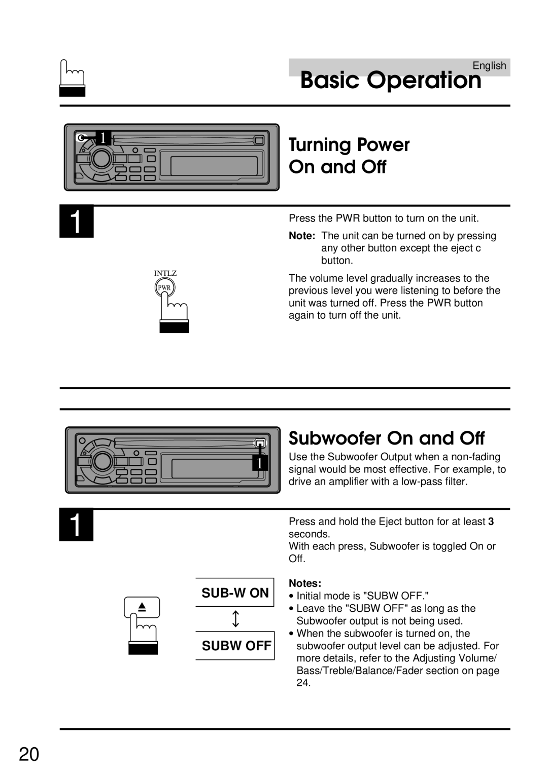 Alpine CDA-7832R owner manual Turning Power, Subwoofer On and Off 