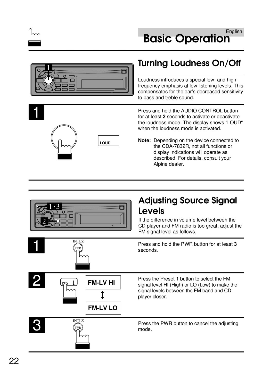 Alpine CDA-7832R owner manual Turning Loudness On/Off, Adjusting Source Signal Levels 