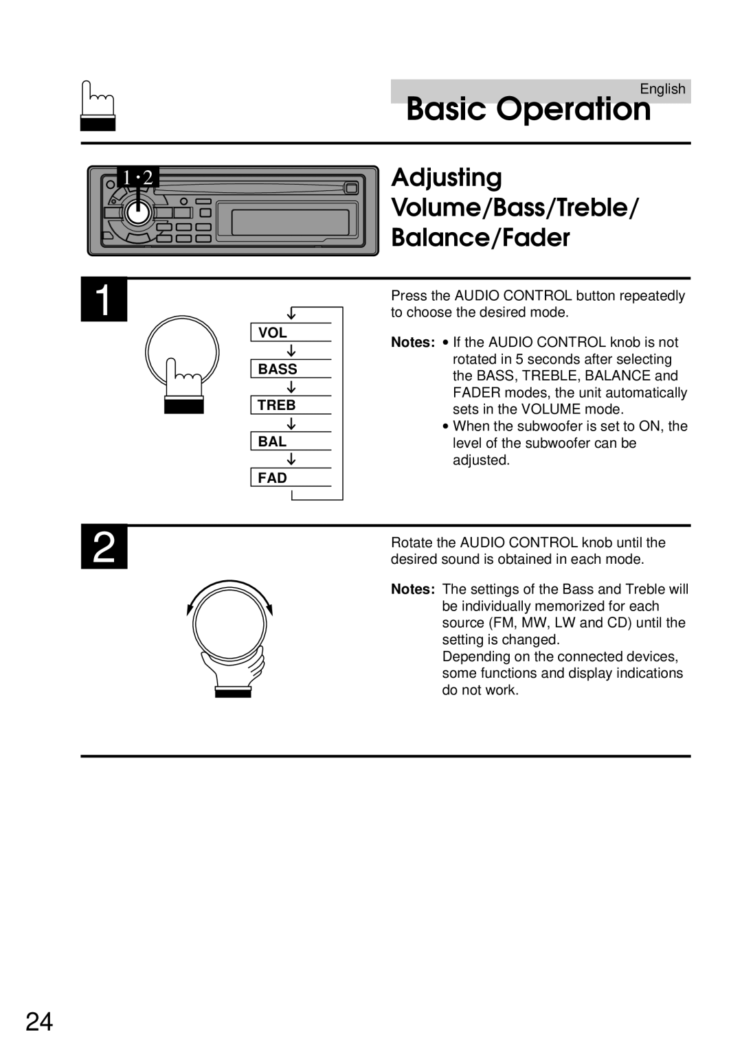 Alpine CDA-7832R owner manual Adjusting, Volume/Bass/Treble, Balance/Fader, VOL Bass Treb BAL FAD 