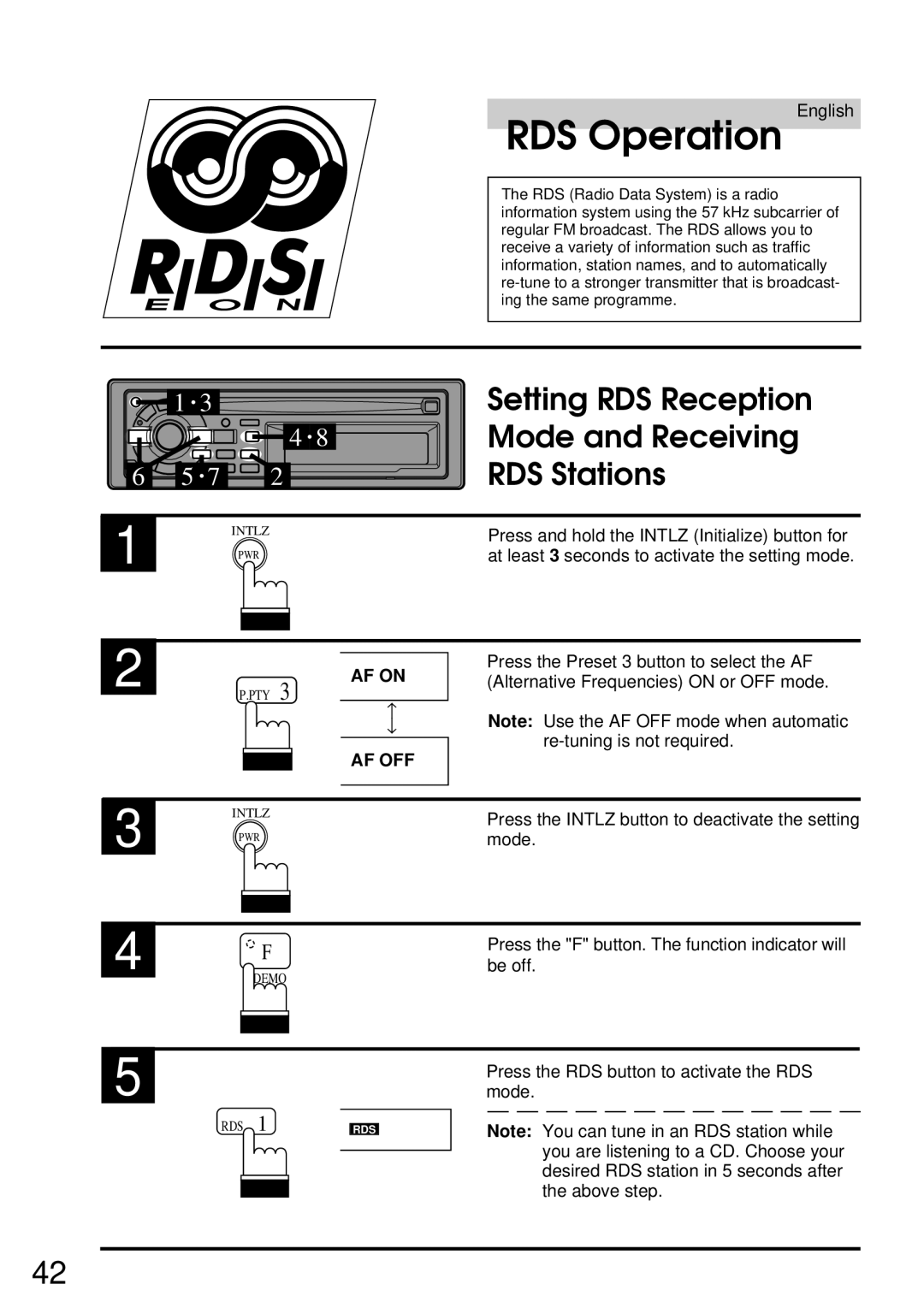 Alpine CDA-7832R owner manual RDS Operation, Setting RDS Reception Mode and Receiving RDS Stations, AF on, Af Off 