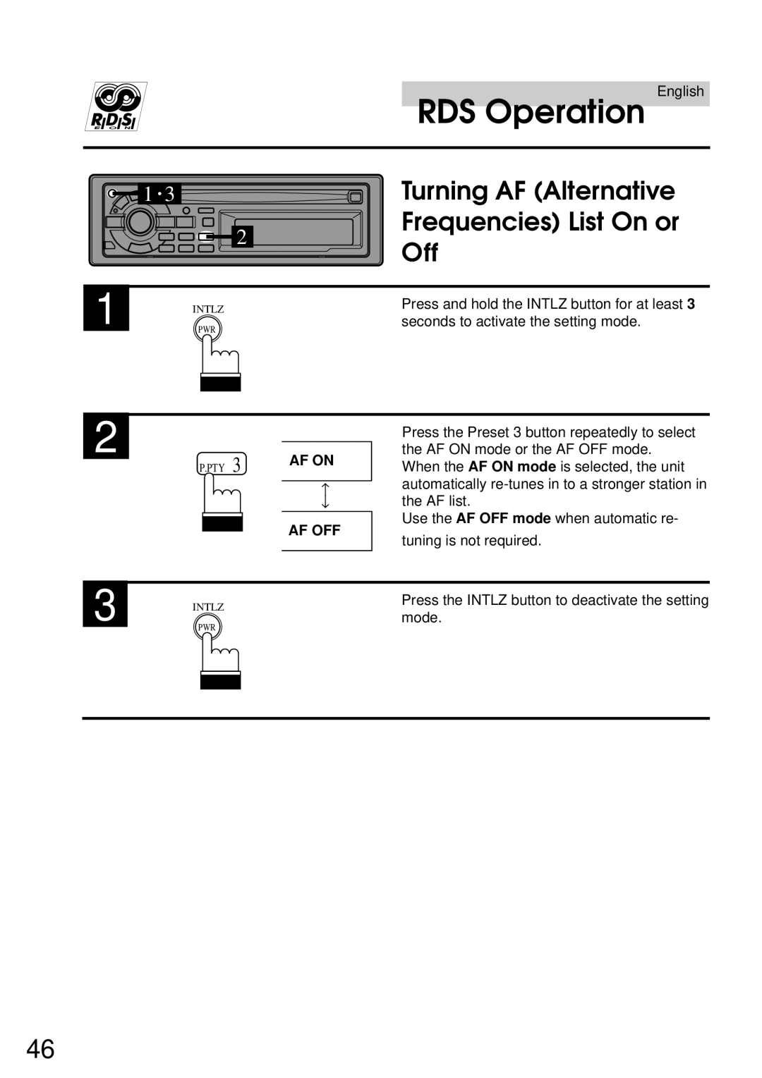 Alpine CDA-7832R owner manual Turning AF Alternative Frequencies List On or Off, AF on AF OFF 