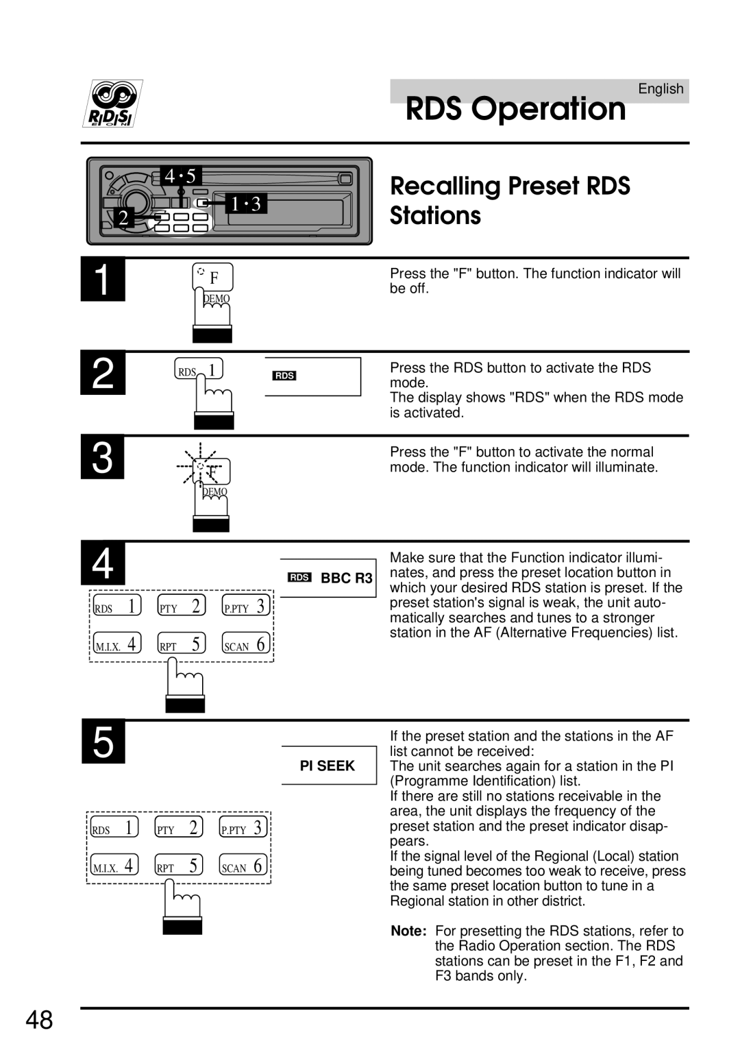 Alpine CDA-7832R owner manual Recalling Preset RDS Stations, PI Seek 