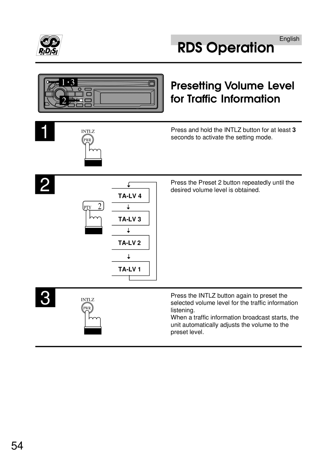 Alpine CDA-7832R owner manual Presetting Volume Level, For Traffic Information, Ta-Lv 