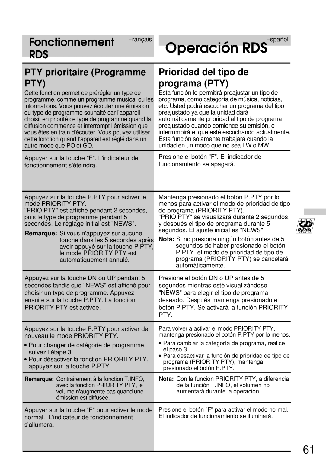 Alpine CDA-7832R owner manual PTY prioritaire Programme Prioridad del tipo de, Programa PTY 