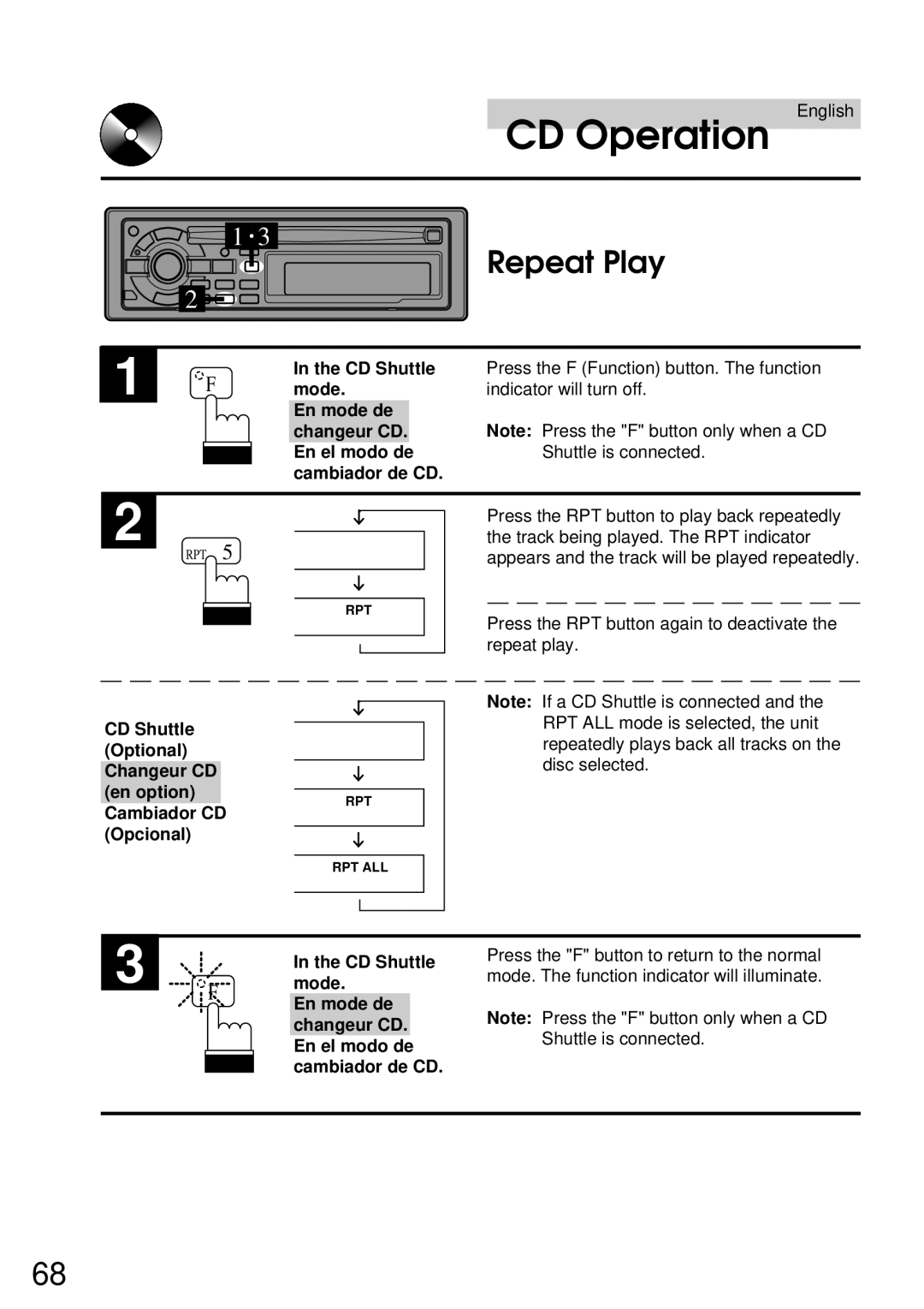 Alpine CDA-7832R owner manual English, CD Shuttle Optional Changeur CD en option, Cambiador CD Opcional 