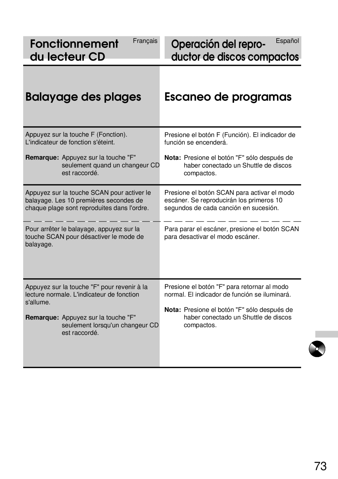 Alpine CDA-7832R owner manual Fonctionnement Français, Balayage des plages Escaneo de programas 