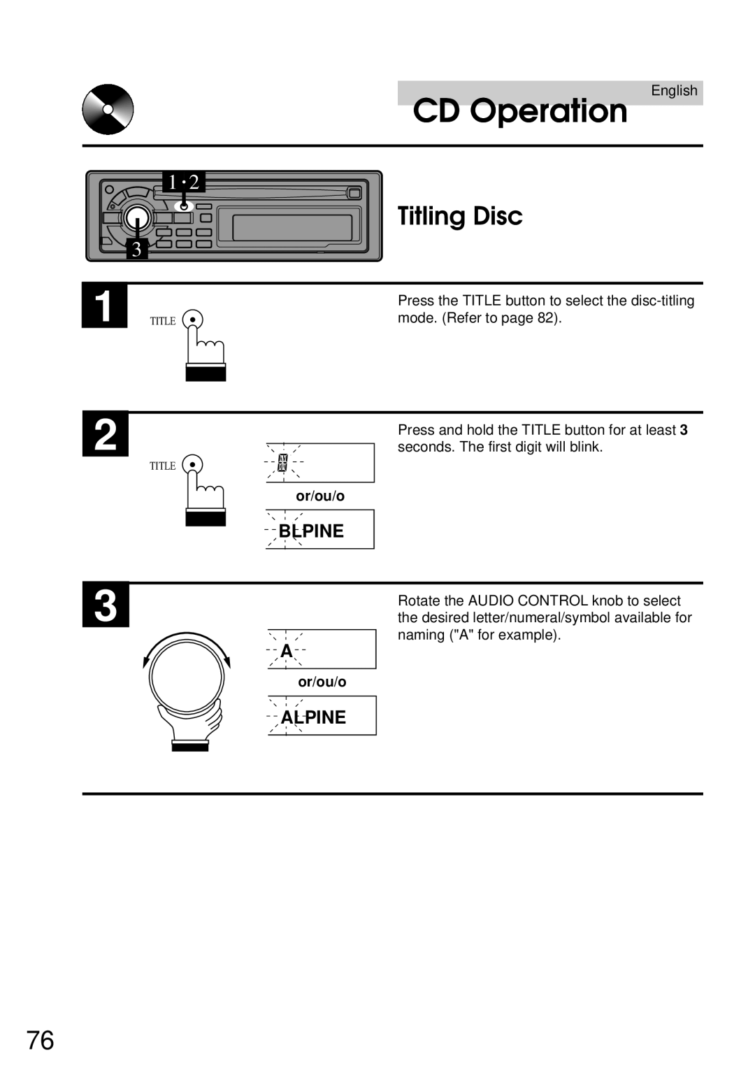 Alpine CDA-7832R owner manual Titling Disc, Or/ou/o, Rotate the Audio Control knob to select 