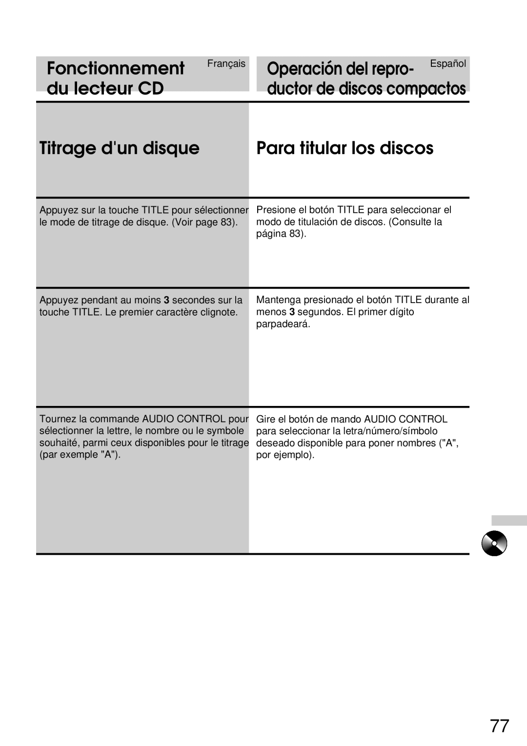 Alpine CDA-7832R owner manual Fonctionnement, Titrage dun disque Para titular los discos 