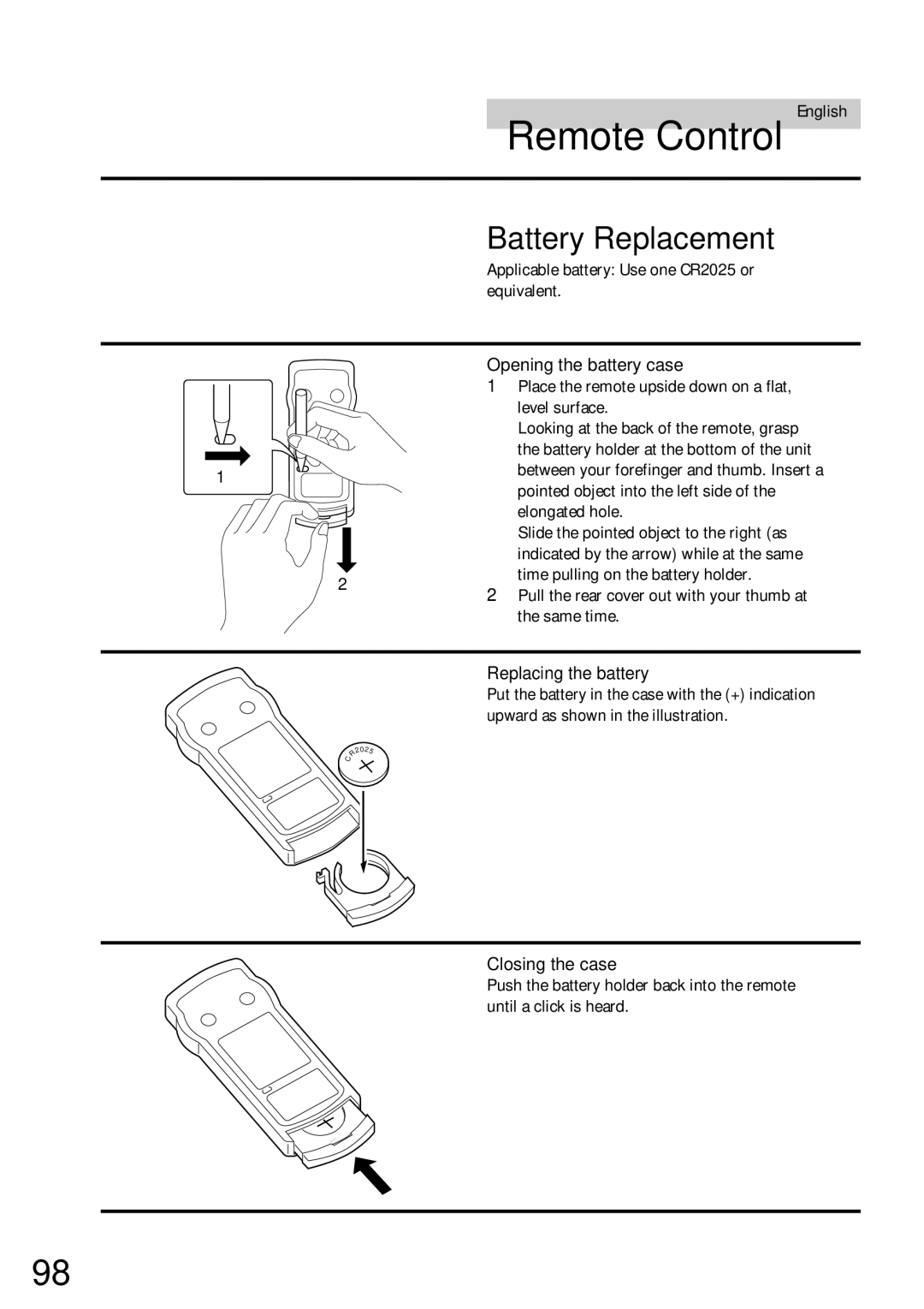 Alpine CDA-7832R owner manual Battery Replacement, Opening the battery case, Replacing the battery, Closing the case 