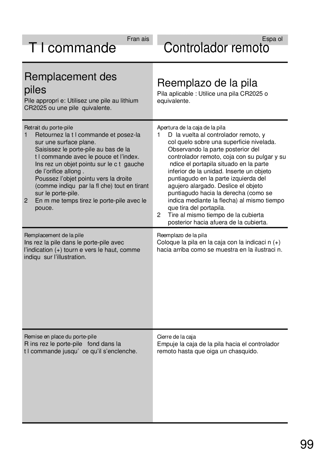 Alpine CDA-7832R owner manual Remplacement des piles, Reemplazo de la pila 