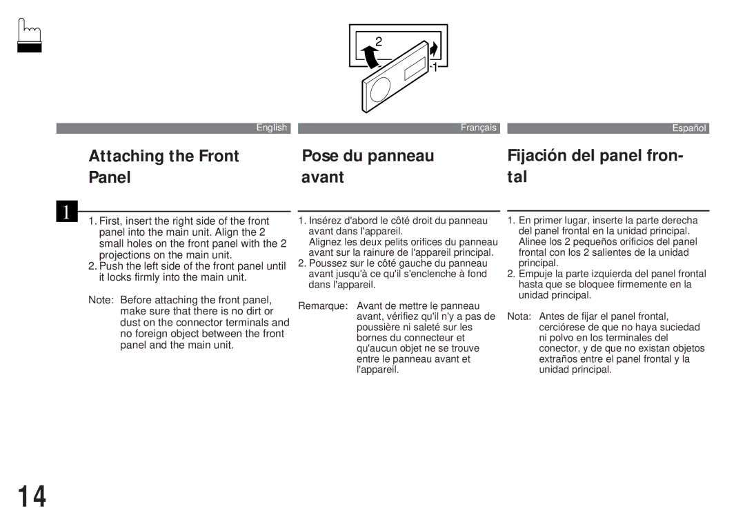Alpine CDA-7839, CDA-7838 owner manual Attaching the Front Panel, Pose du panneau avant, Fijación del panel fron- tal 