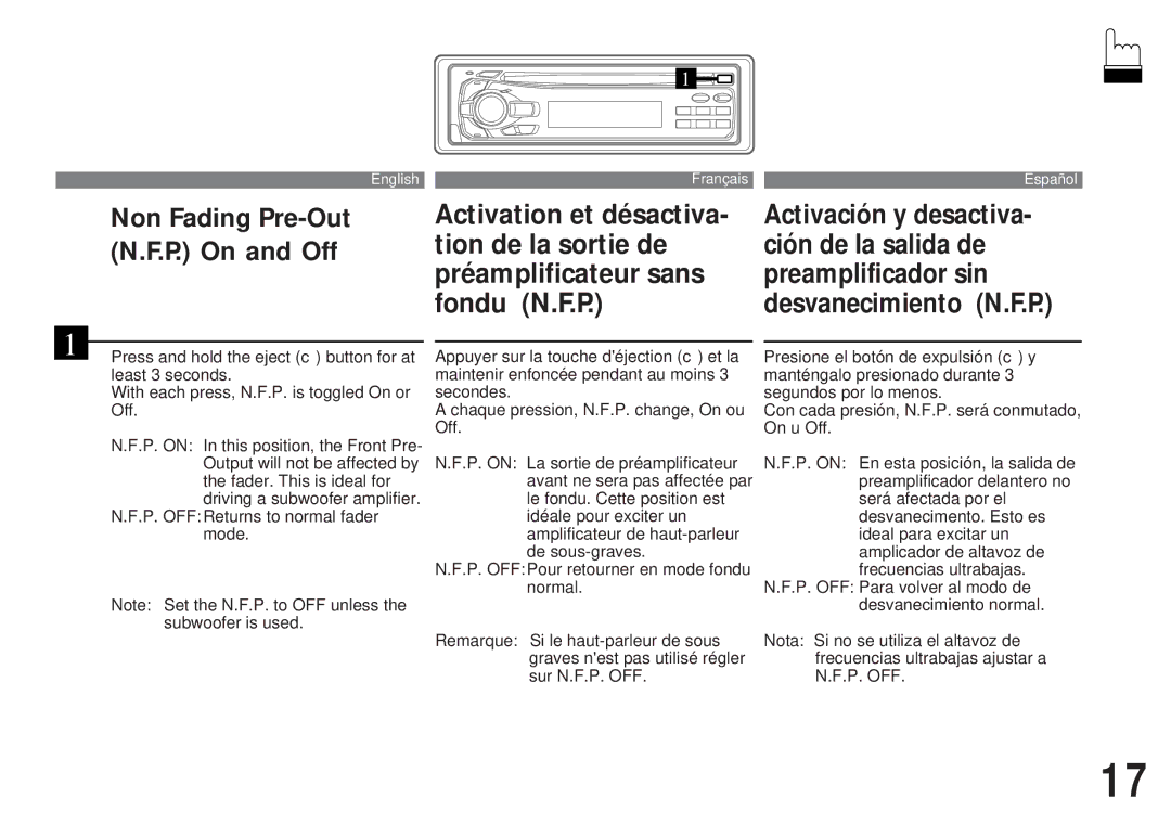 Alpine CDA-7838, CDA-7839 owner manual Non Fading Pre-Out N.F.P. On and Off 
