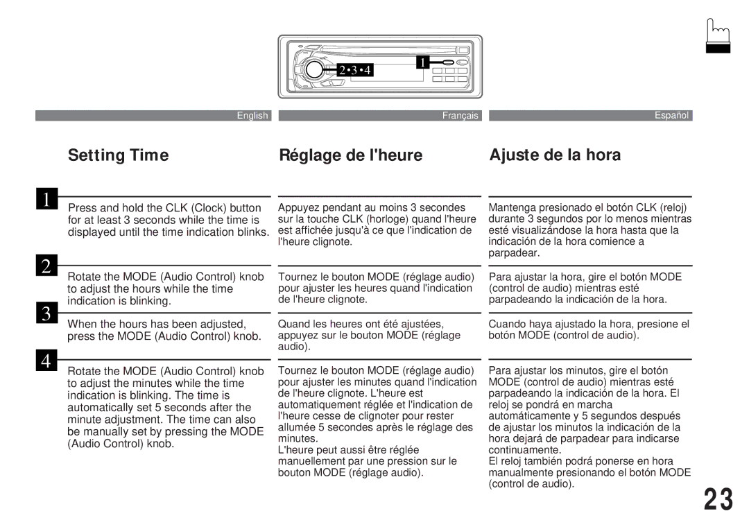 Alpine CDA-7838, CDA-7839 owner manual Setting Time Réglage de lheure Ajuste de la hora 