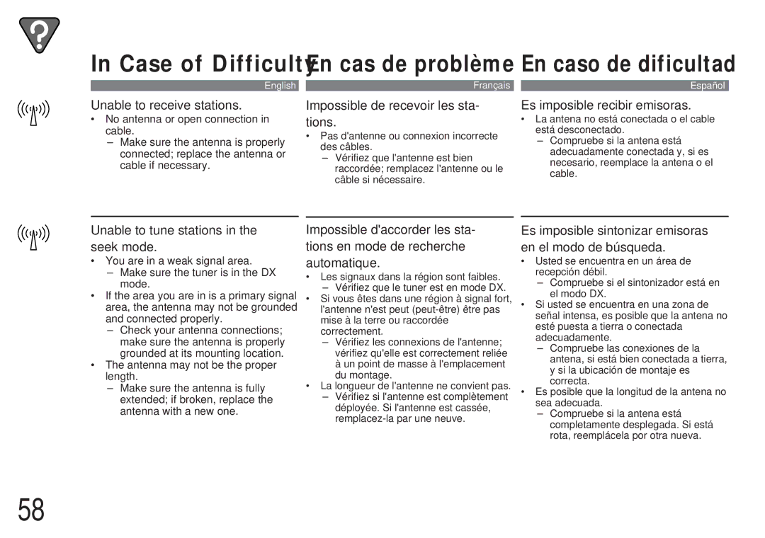 Alpine CDA-7839, CDA-7838 owner manual Case of Difficulty En cas de problème 