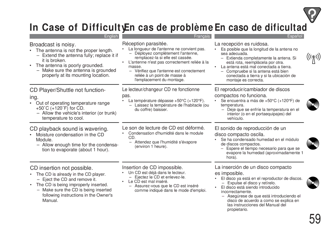 Alpine CDA-7838, CDA-7839 owner manual Case of Difficulty 