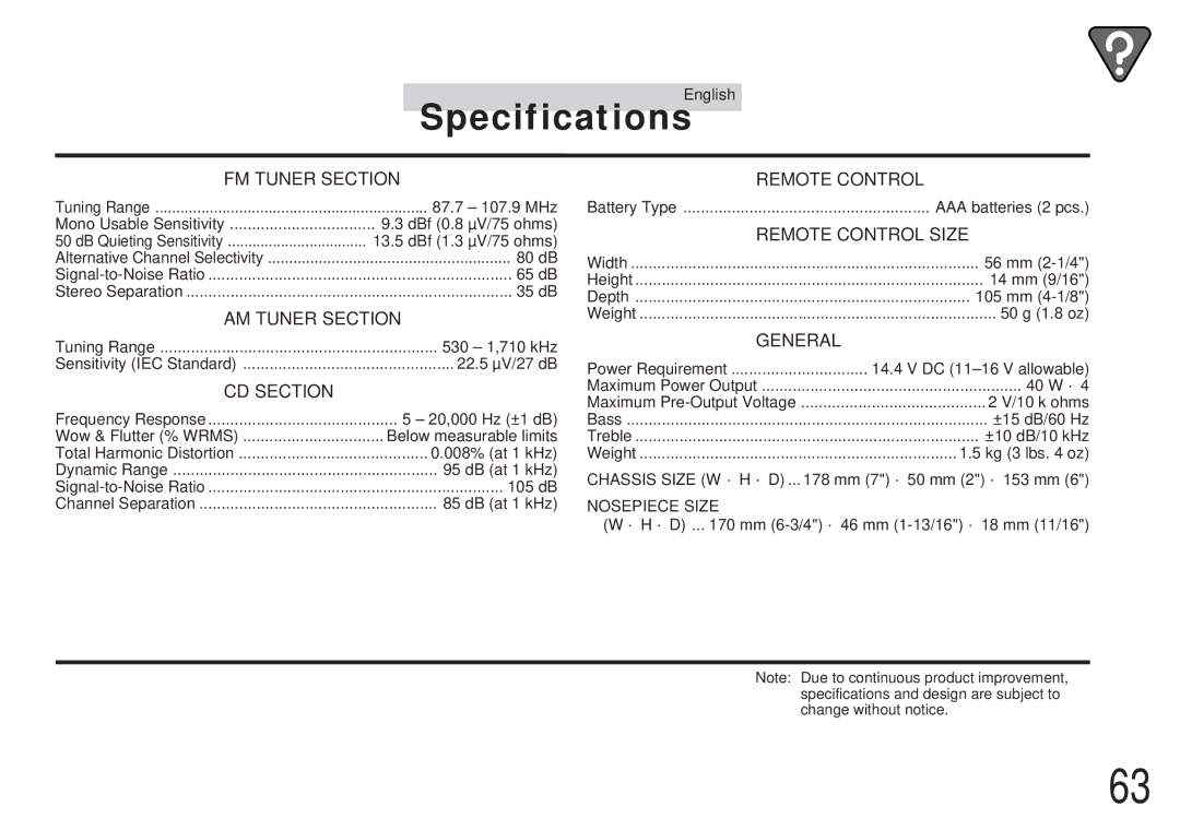 Alpine CDA-7838, CDA-7839 owner manual Specifications, FM Tuner Section 