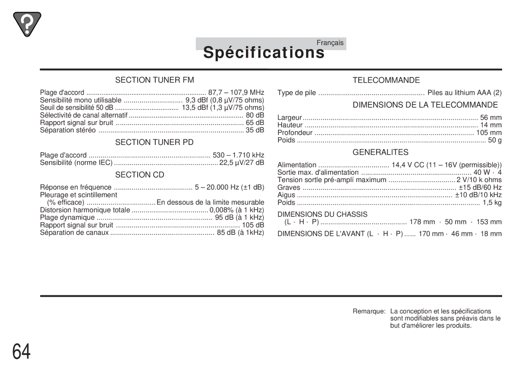 Alpine CDA-7839, CDA-7838 owner manual Spécifications, Section Tuner FM 