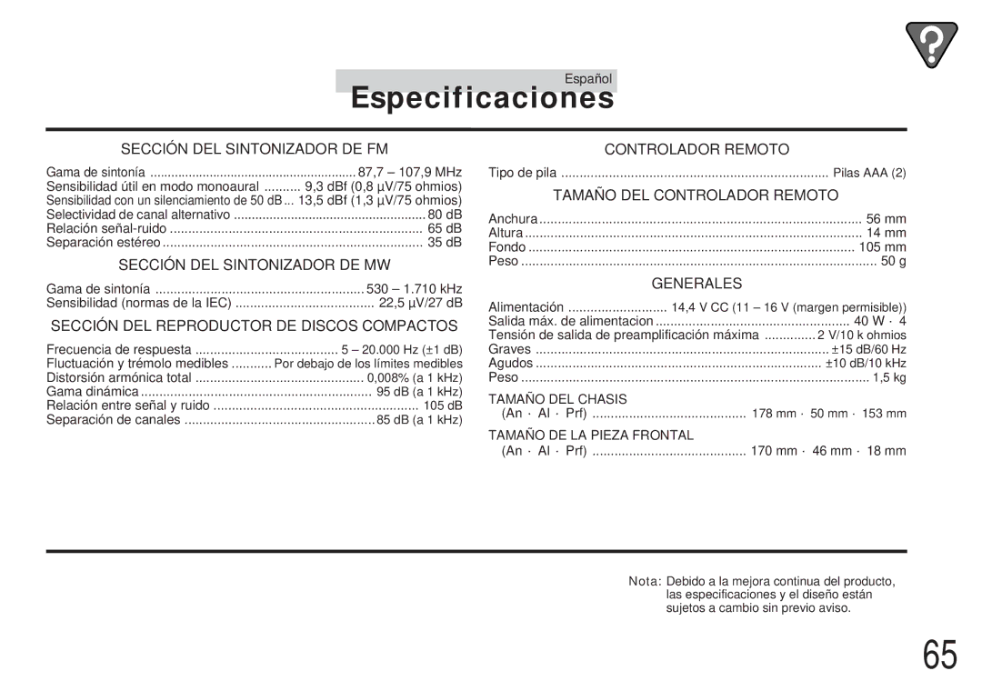 Alpine CDA-7838, CDA-7839 owner manual Especificaciones, Sección DEL Sintonizador DE FM 