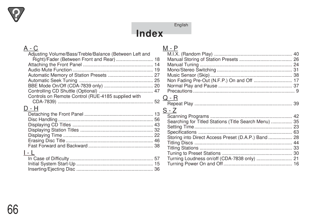 Alpine CDA-7839, CDA-7838 owner manual Index 