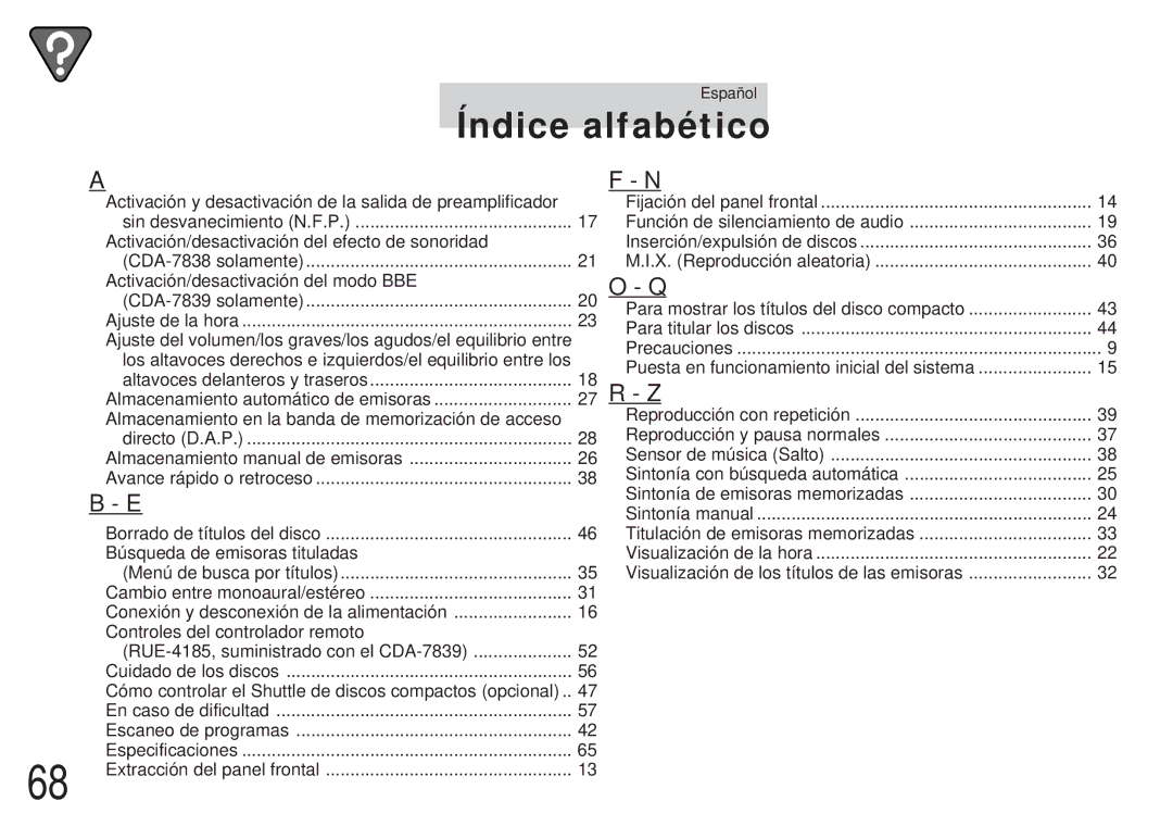 Alpine CDA-7839, CDA-7838 owner manual Índice alfabético 