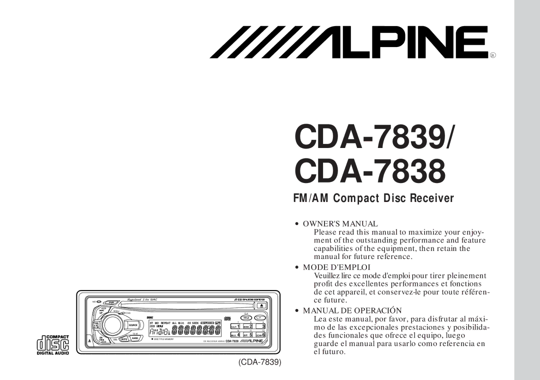 Alpine owner manual CDA-7839/ CDA-7838 