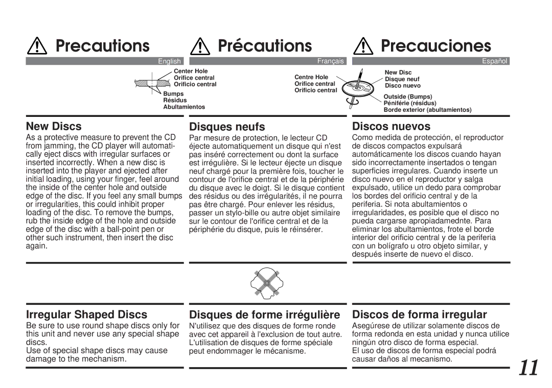 Alpine CDA-7838, CDA-7839 owner manual Precautions Précautions Precauciones 