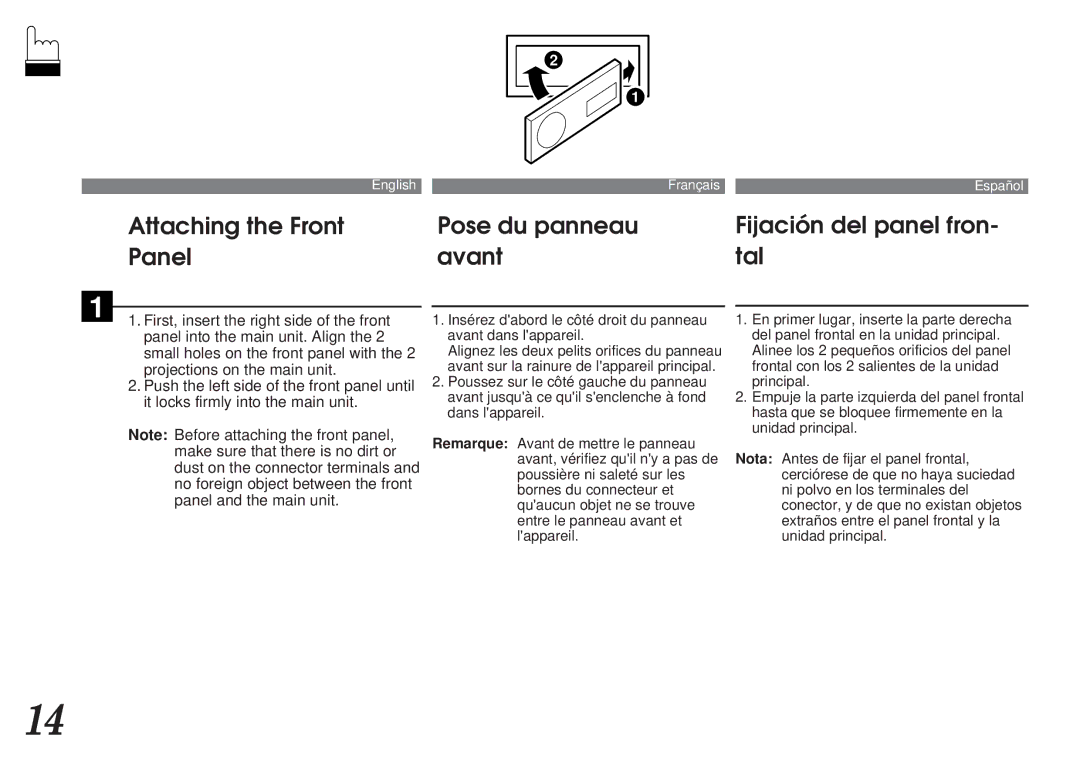Alpine CDA-7839, CDA-7838 owner manual Attaching the Front Panel, Pose du panneau avant, Fijación del panel fron- tal 