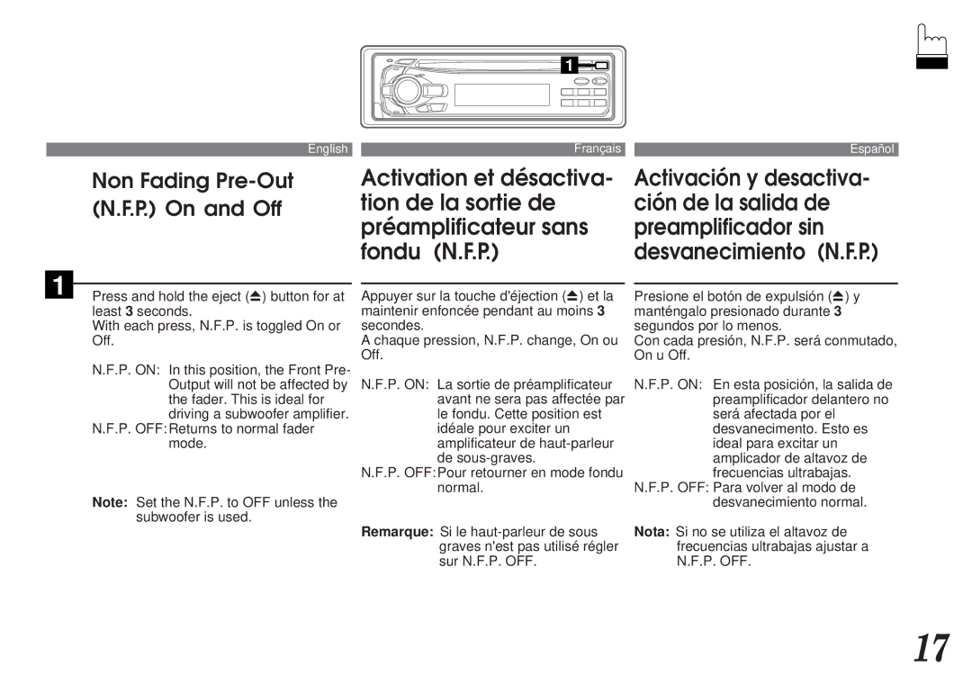 Alpine CDA-7838, CDA-7839 owner manual Non Fading Pre-Out N.F.P. On and Off 