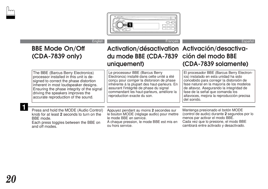 Alpine CDA-7838 owner manual BBE Mode On/Off, CDA-7839 only 