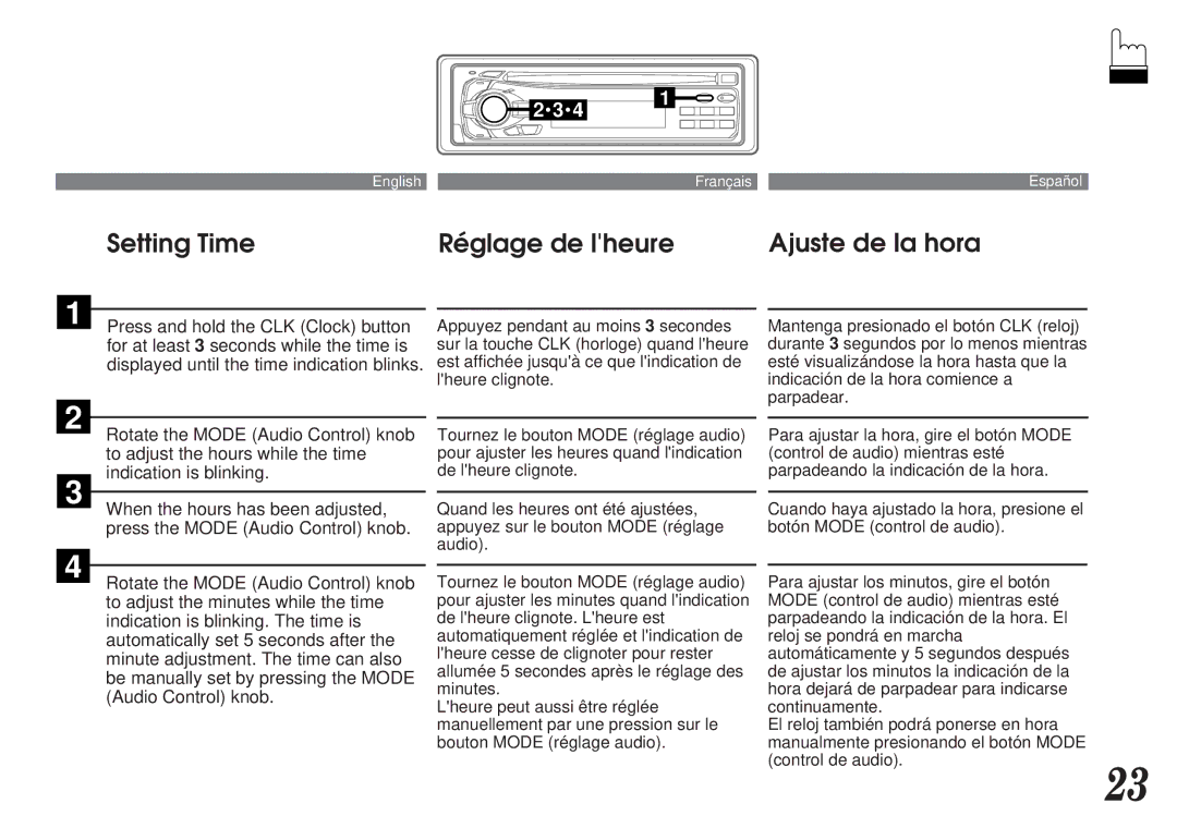 Alpine CDA-7838, CDA-7839 owner manual Setting Time Réglage de lheure Ajuste de la hora 